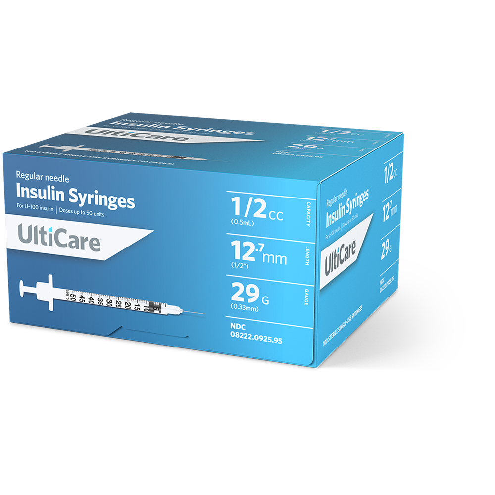 Syringe 1/2cc Insulin Syringe with Needle UltiCare™ 0.5 mL 29 Gauge 1/2 Inch Attached Needle Without Safety (100/BX 5BX/CS) by UltiMed, Inc.  ID 09259